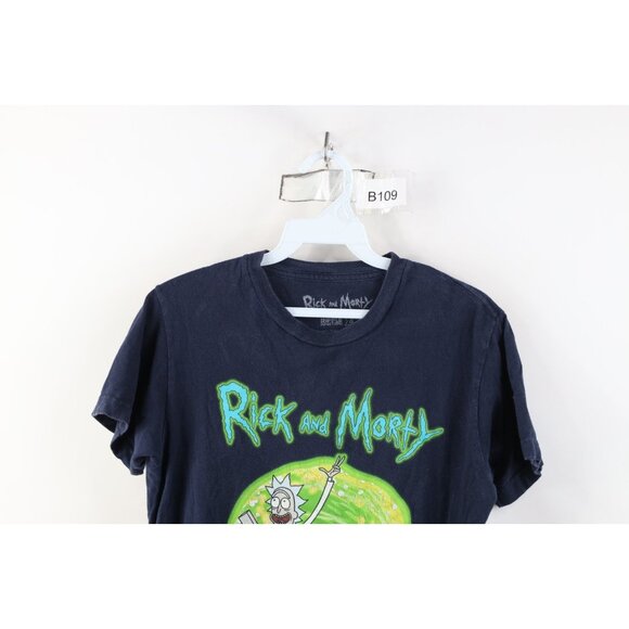 Y2K Womens Small Distressed Rick and Morty Cartoon Short Sleeve T-Shirt Blue - Picture 2 of 15